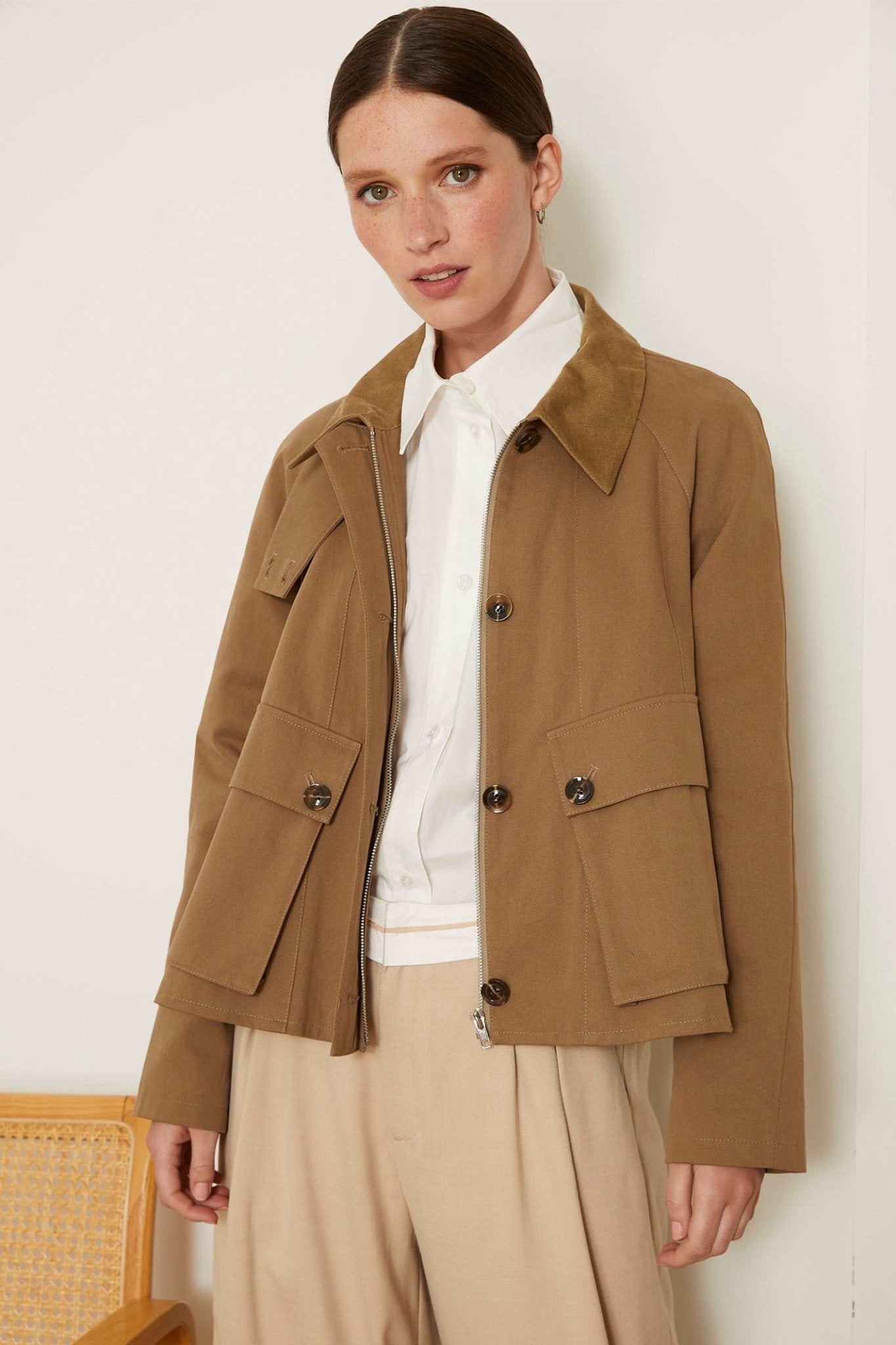 Jovonna Bessa Khaki Green Zip & Button Front Flared Jacket - Dotique