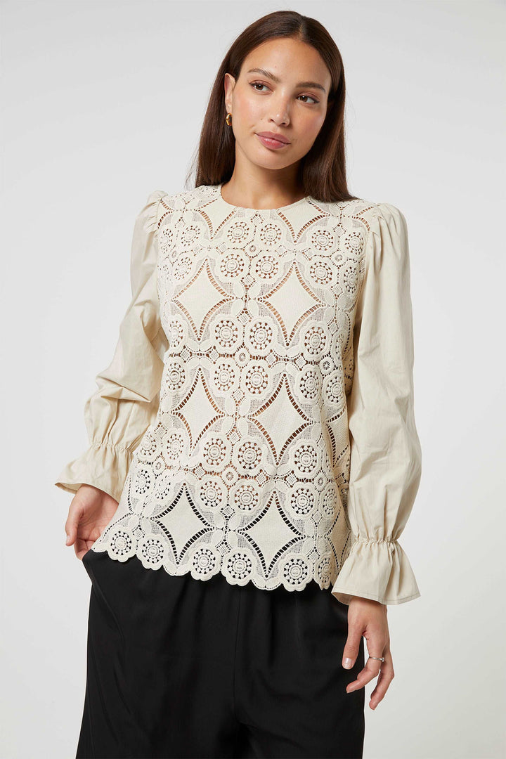 Jovonna Bran Beige Lace Round Neck Puff Sleeve Blouse - Dotique