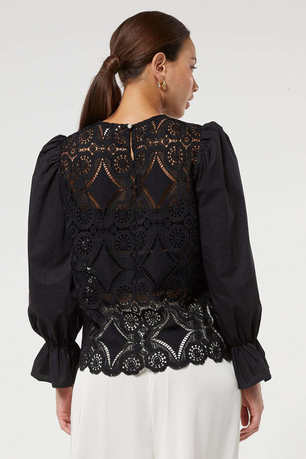 Jovonna Bran Black Lace Round Neck Puff Sleeve Blouse - Dotique