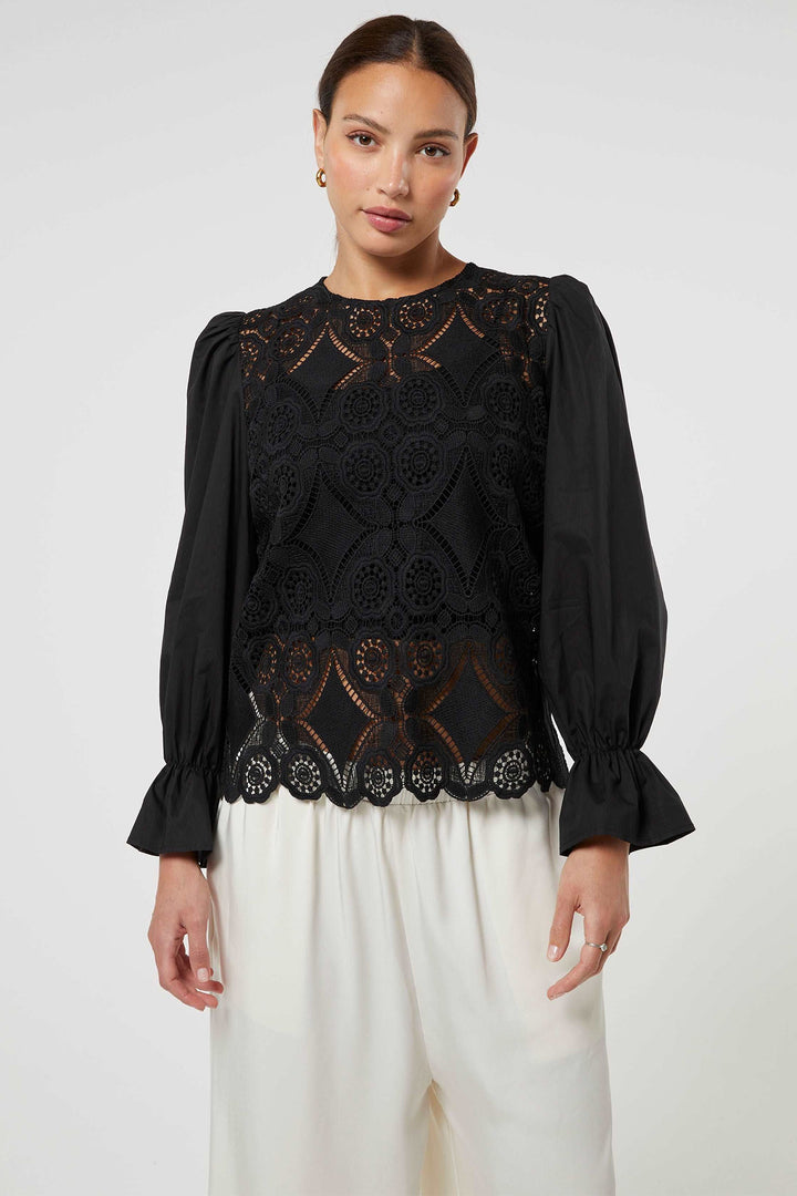 Jovonna Bran Black Lace Round Neck Puff Sleeve Blouse - Dotique