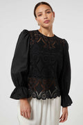 Jovonna Bran Black Lace Round Neck Puff Sleeve Blouse - Dotique