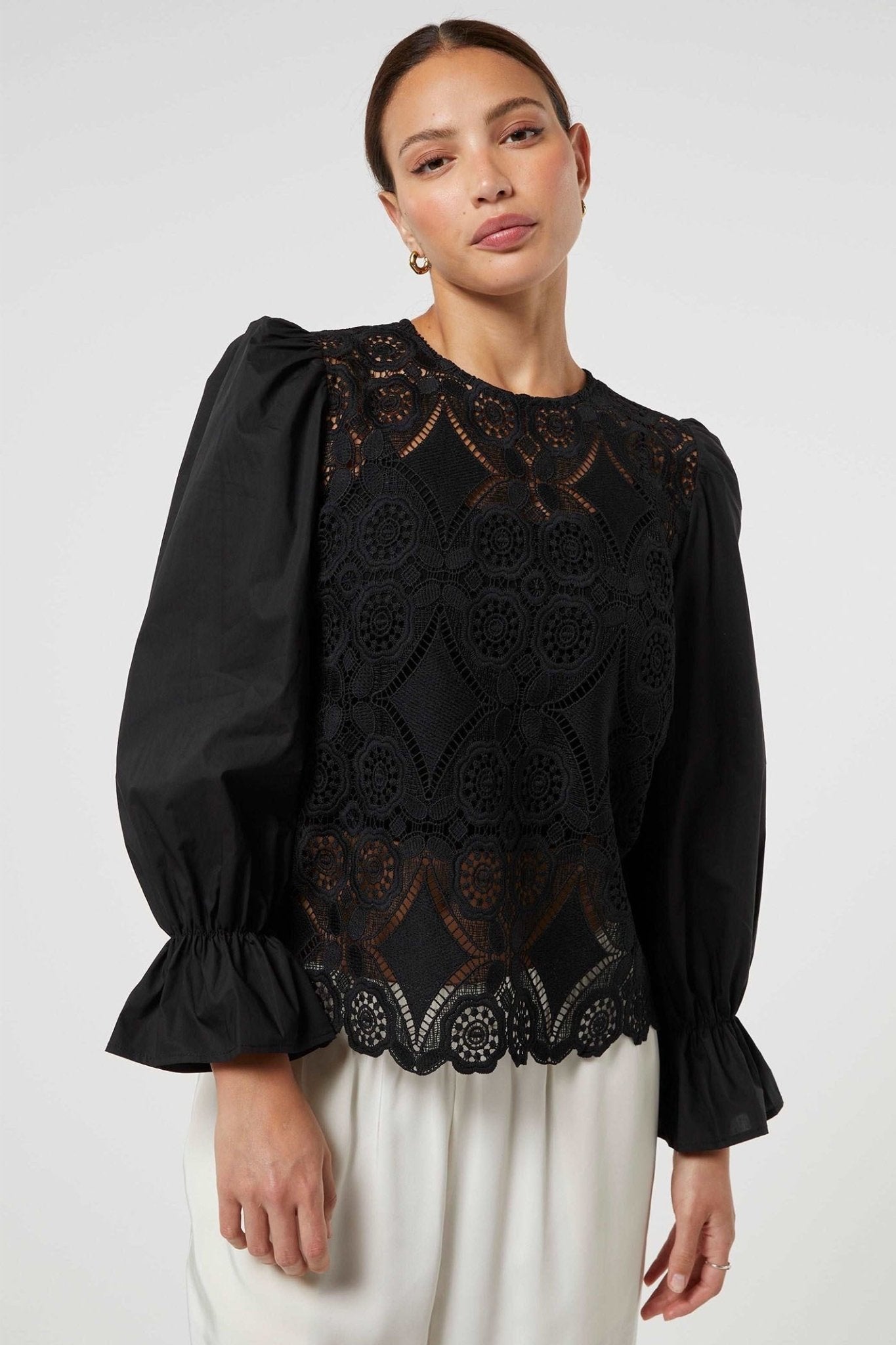 Jovonna Bran Black Lace Round Neck Puff Sleeve Blouse - Dotique