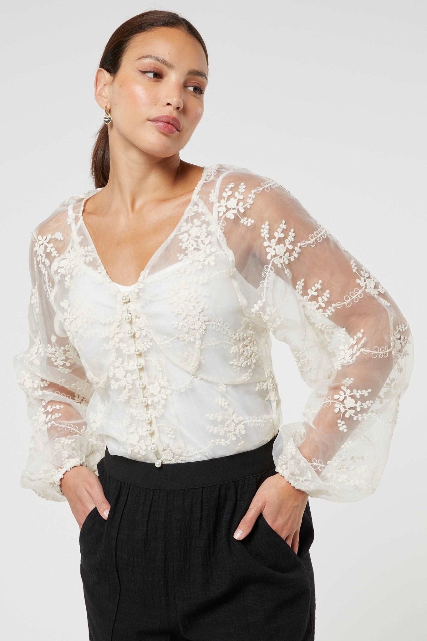 Jovonna Contessa Beige Lace V Neck Neck Blouse with Cami - Dotique - Jovonna