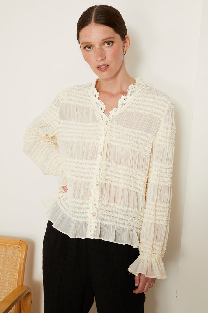 Jovonna Hilla Cream Gathered Striped Sheer Blouse - Dotique