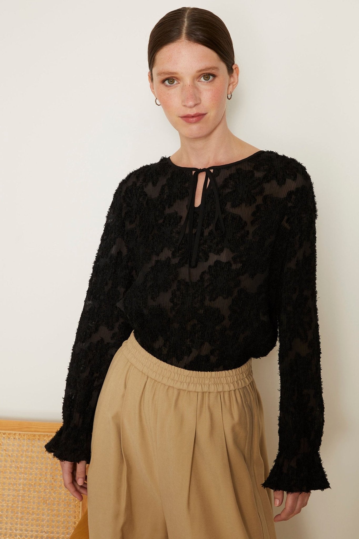 Jovonna Kielo Black Embroidery Flower Tie Neck Blouse - Dotique