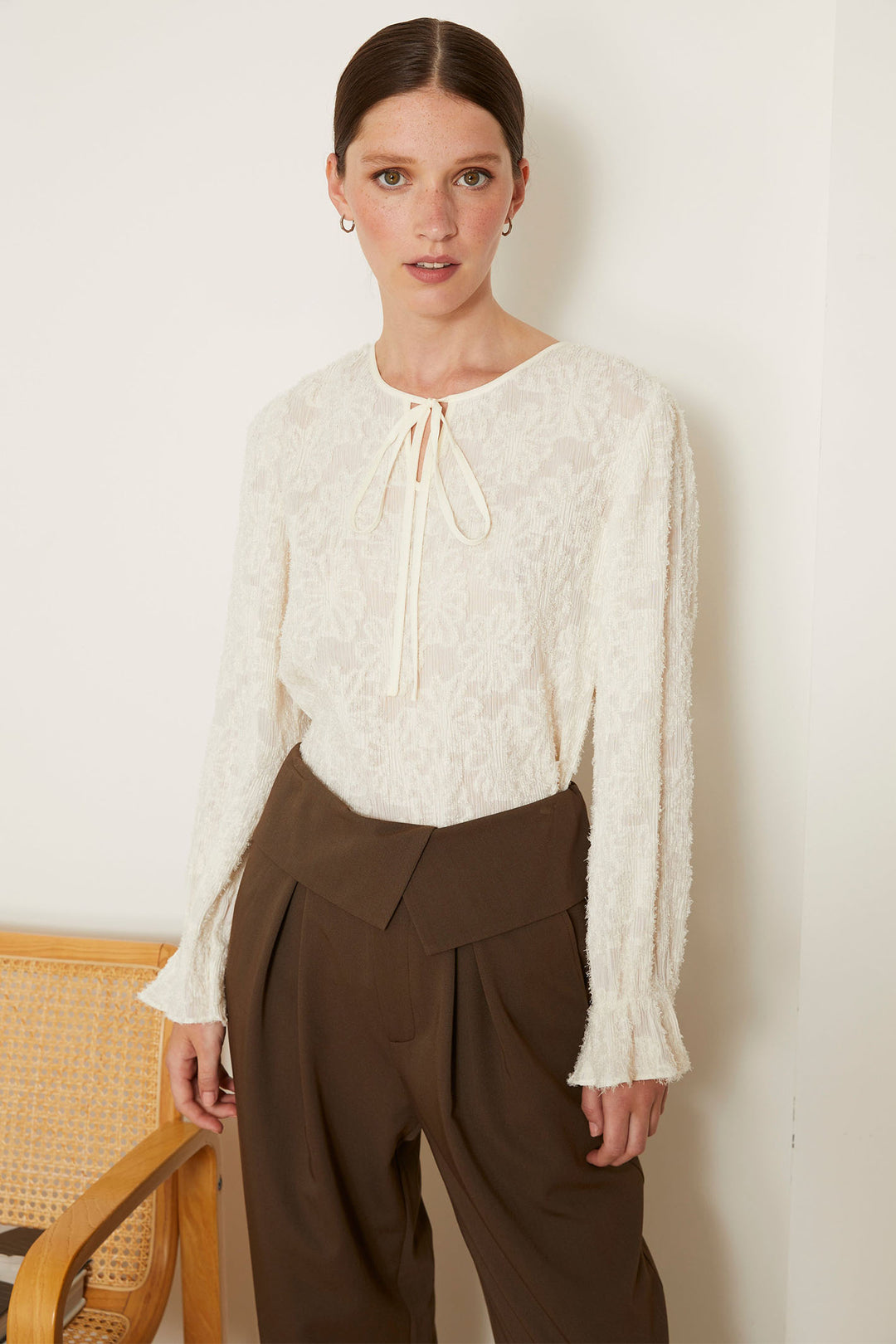 Jovonna Kielo Cream Embroidery Flower Tie Neck Blouse - Dotique