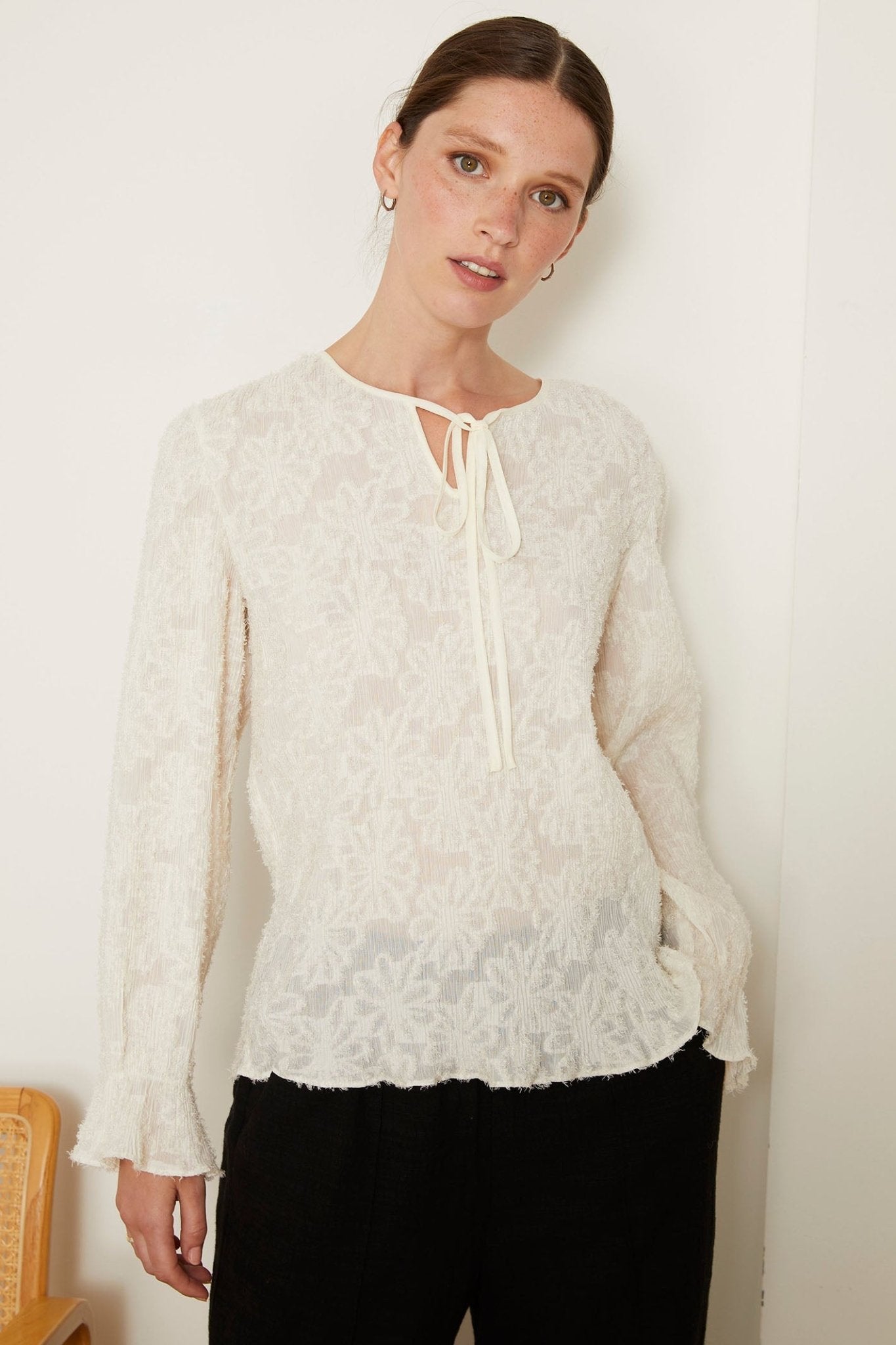 Jovonna Kielo Cream Embroidery Flower Tie Neck Blouse - Dotique