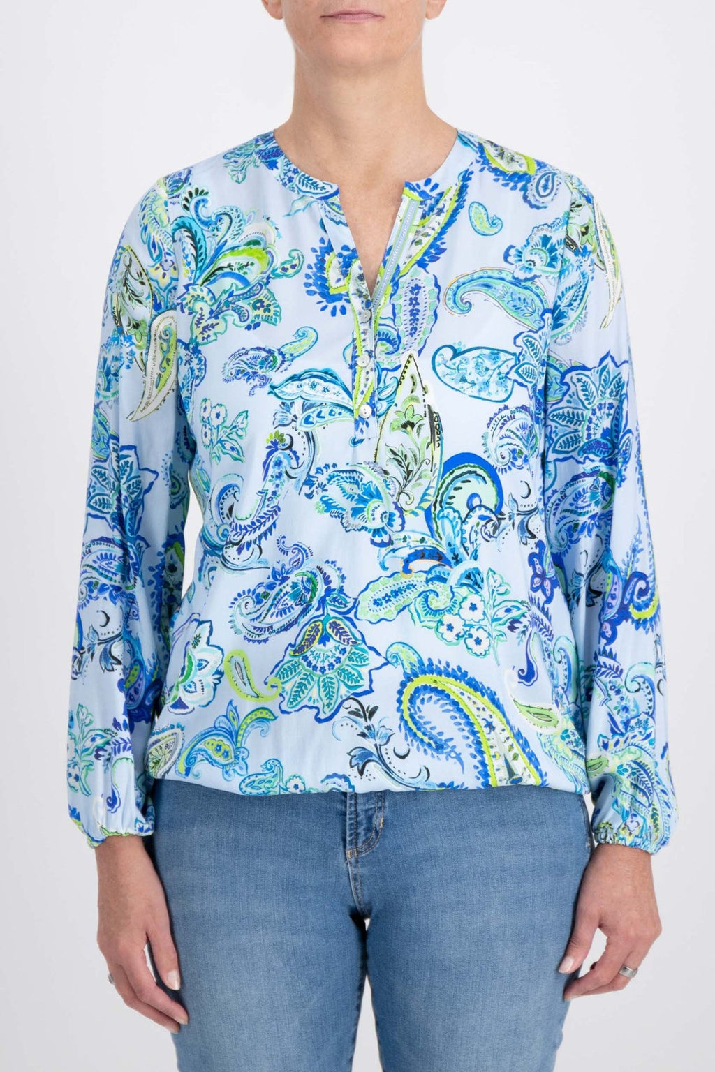 Just White J4049 425 Blue Druck Split Neck Blouse - Dotique