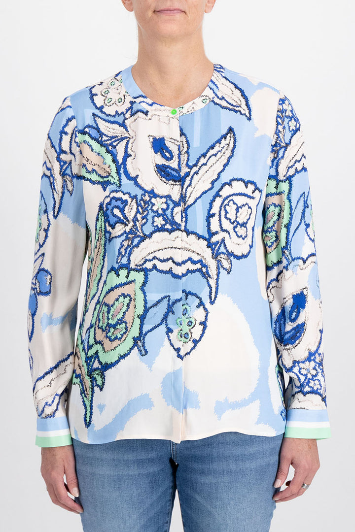 Just White Y4015 425 Blue Druck Print Long Sleeve Blouse - Dotique