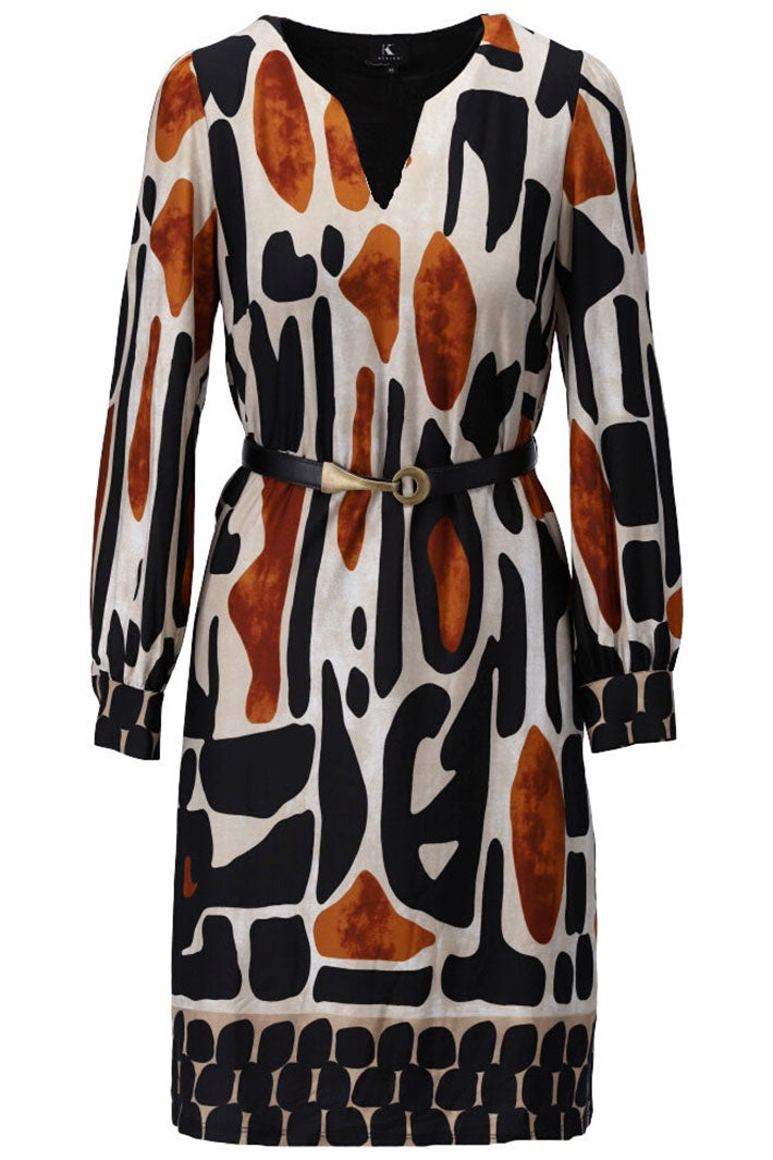 K-Design Dress Cream Black Print With Belt Z324 (P869) - Dotique