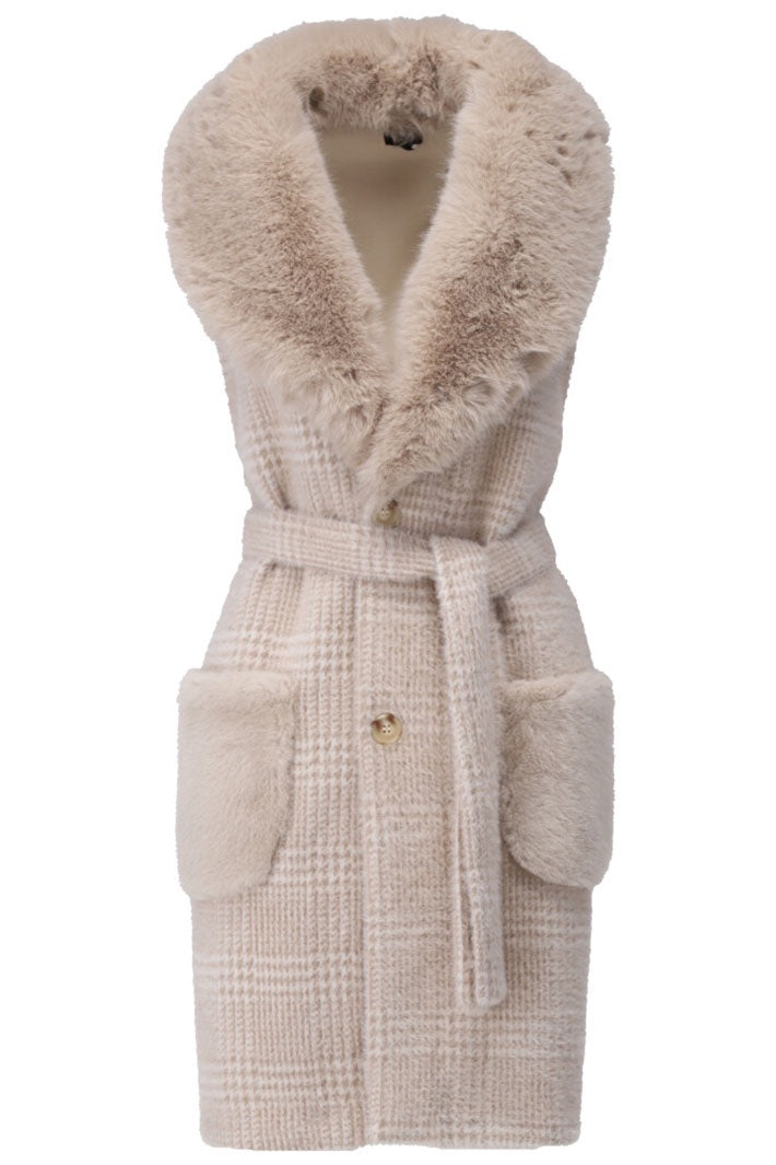 K-Design Jacket Sleeveless Cream Check Faux Fur Collar Reversible Z902