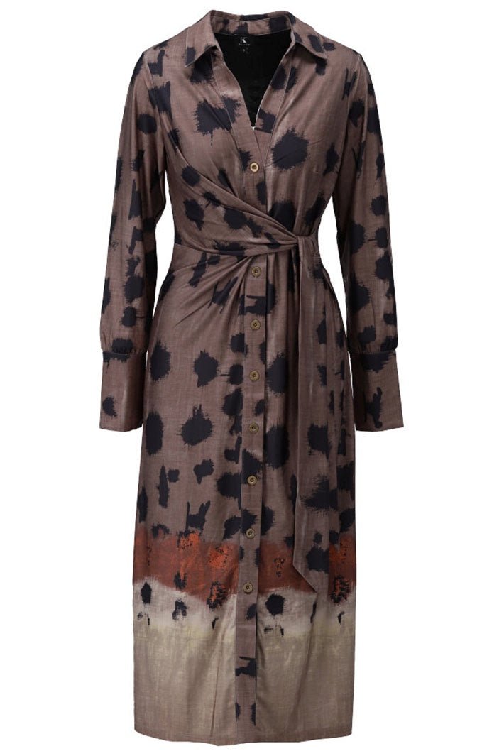 K - Design Shirt Dress Brown Print Wrap Tie Waist Z331 (P872) - Dotique - K - Design