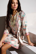 K-Design Y111 Beige Print Split Neck Dress & Belt - Dotique