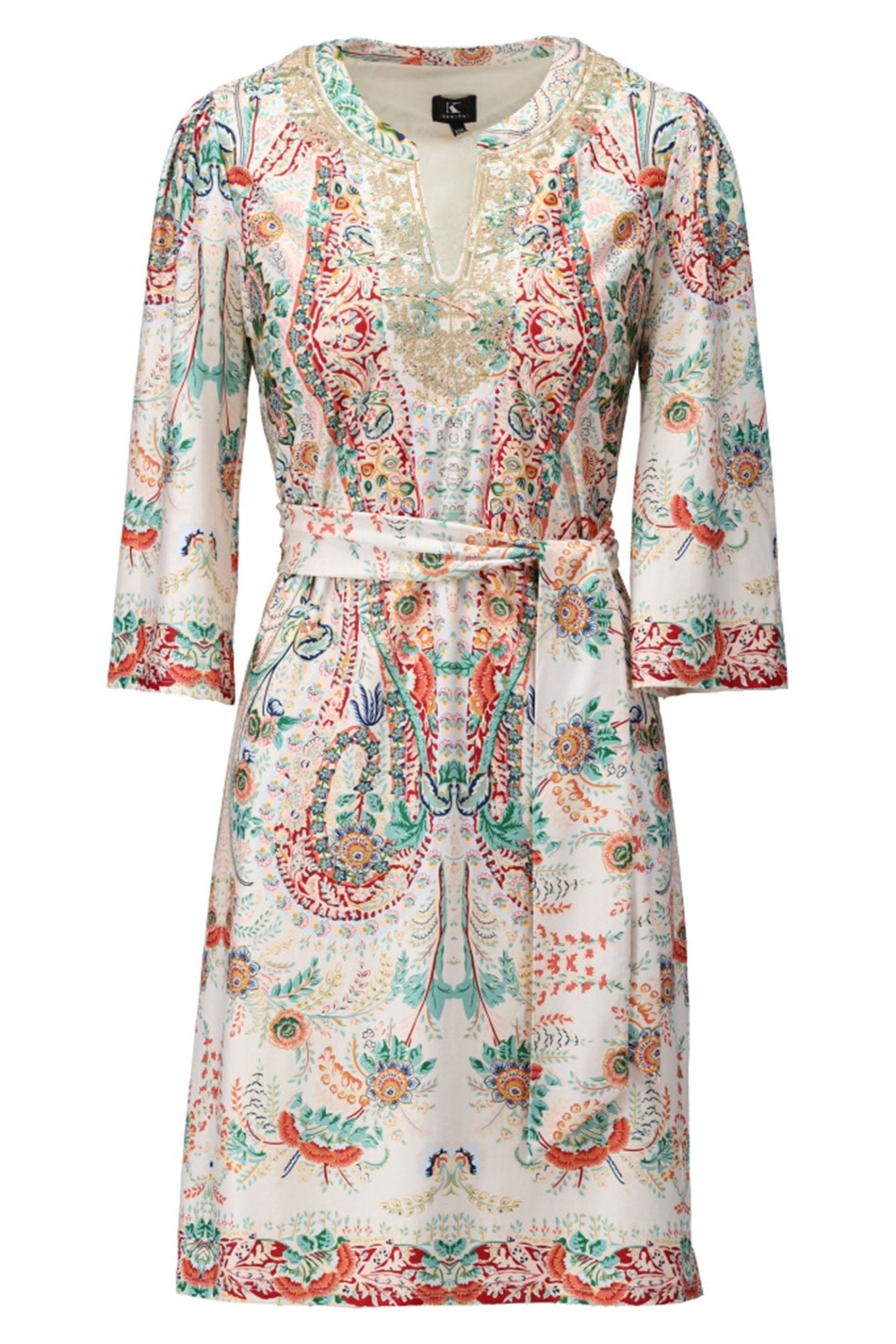 K-Design Y111 Beige Print Split Neck Dress & Belt - Dotique