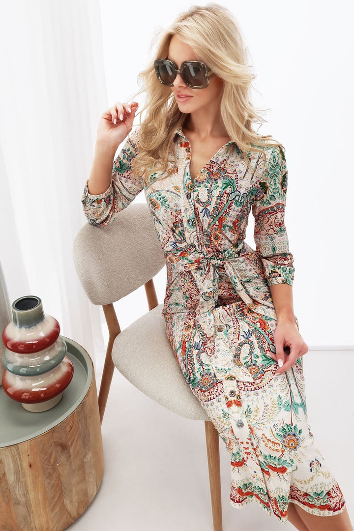 K-Design Y112 Beige Print Maxi Shirt Dress With Belt - Dotique
