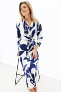 K-Design Y326 Navy Blue White Geometric Design Midi Shirt Dress - Dotique