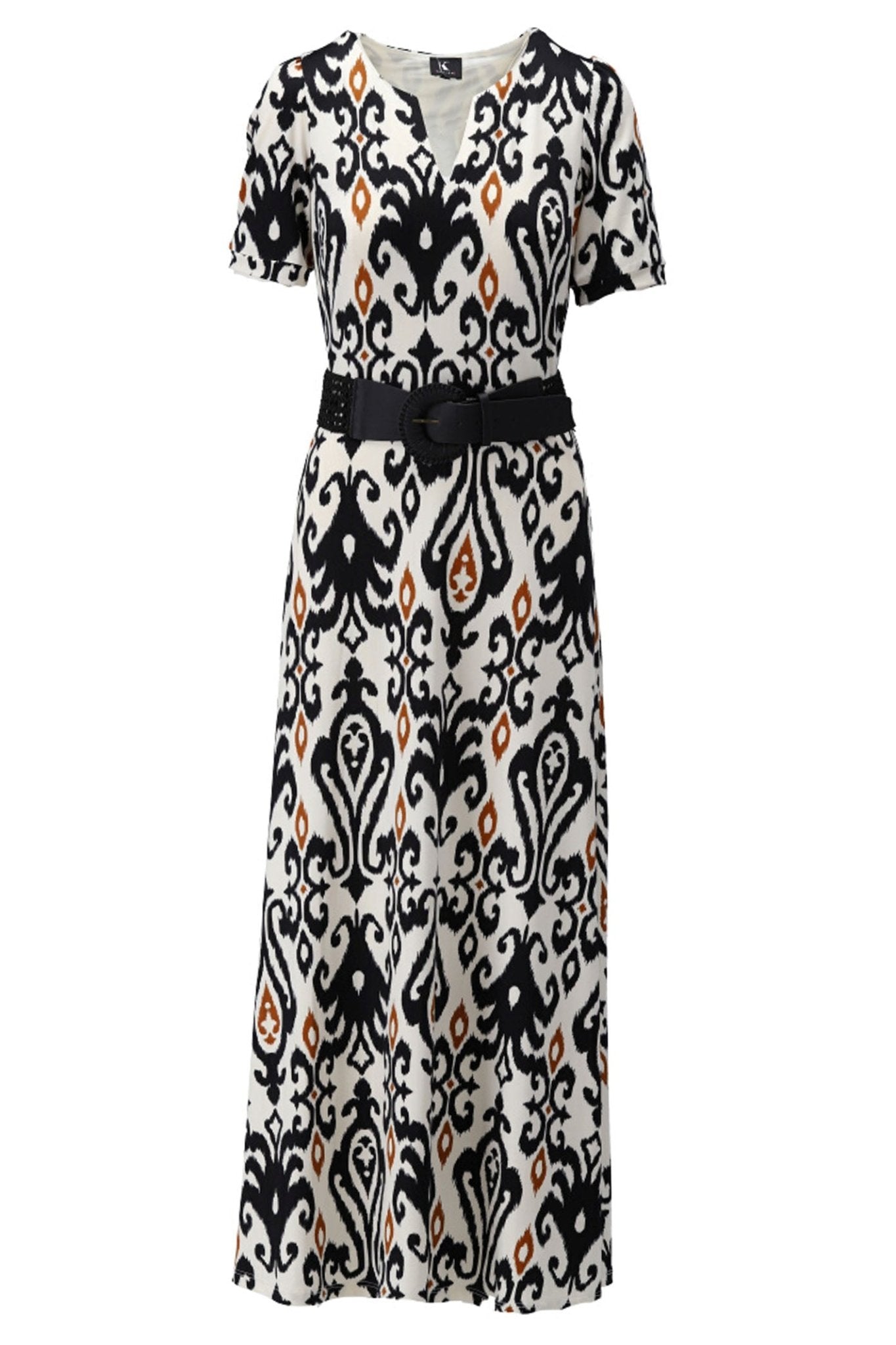 K-Design Y339 Black White Print Maxi Dress & Belt - Dotique
