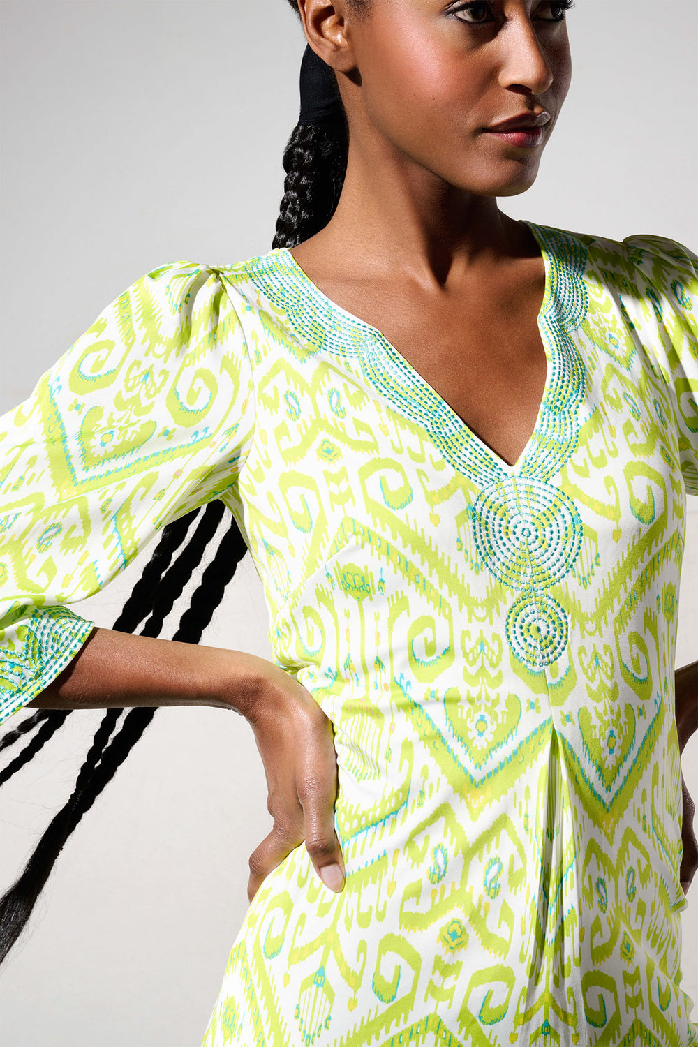 K-Design Y366 Green Print V-Neck Beaded Dress - Dotique