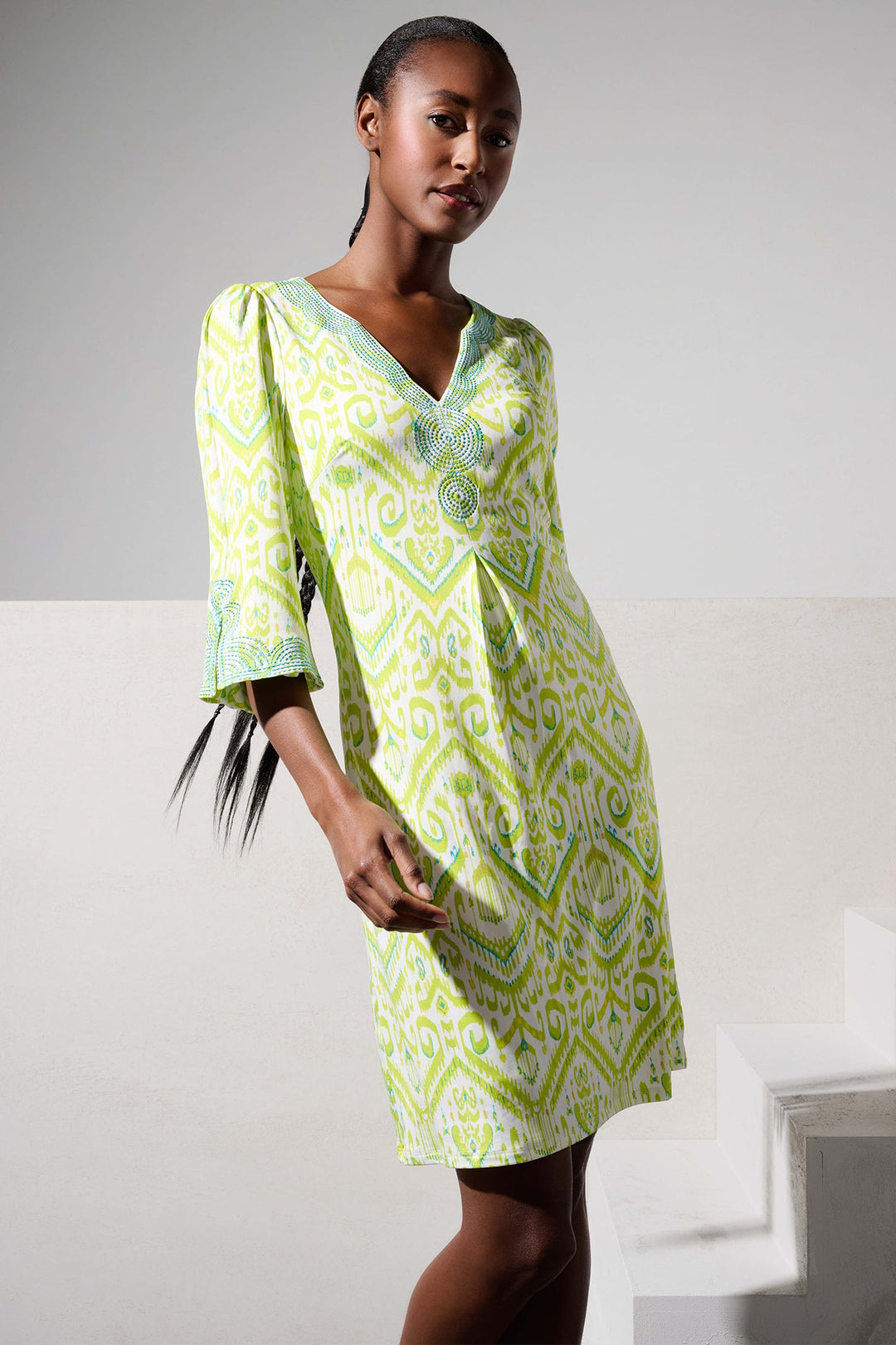 K-Design Y366 Green Print V-Neck Beaded Dress - Dotique