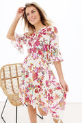 K-Design Y710 Pink Flower Print Boho Volant Dress - Dotique