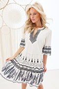 K-Design Y711 White Print Boho Vollant Dress - Dotique