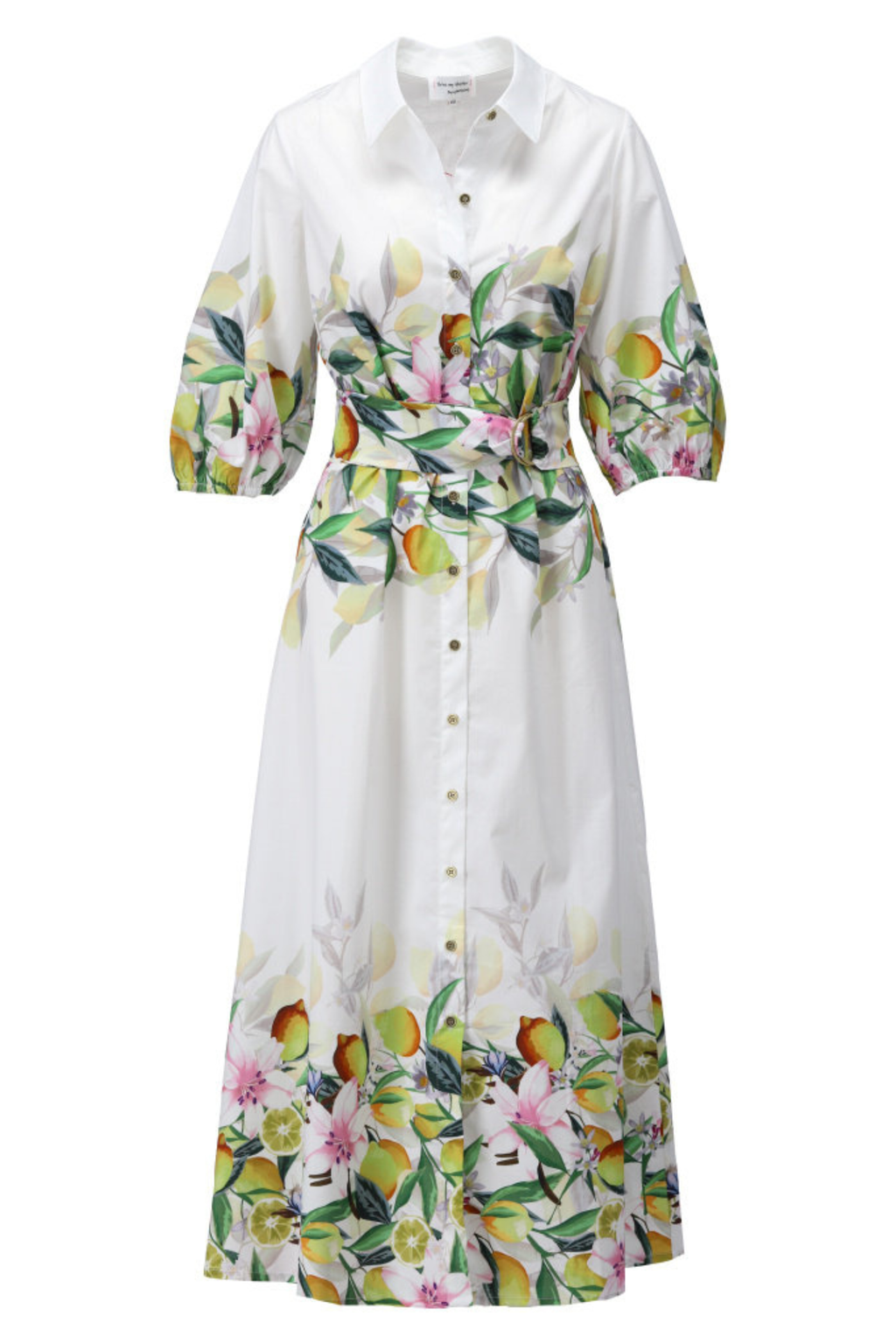 K Design White dress with colorful floral and fruit pattern on a white background. Shop K Design at Dotique.