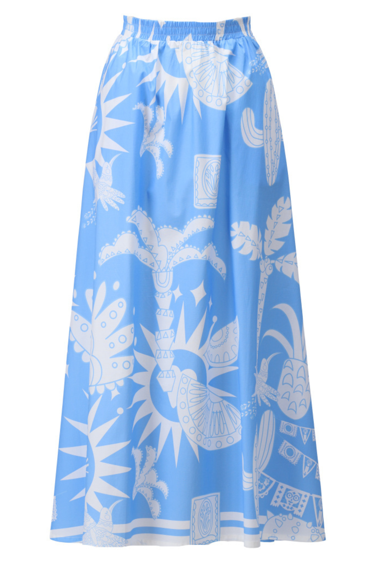 Blue skirt with white floral and leaf pattern on a white background. Playful dress from K Design’s You’re My Lobster collection. Flattering stretch fit with bold print, perfect for summer, holidays and everyday wear.