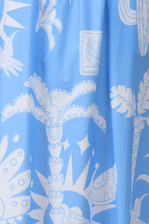 Blue skirt with white geometric pattern. Shop K Design at Dotique.
