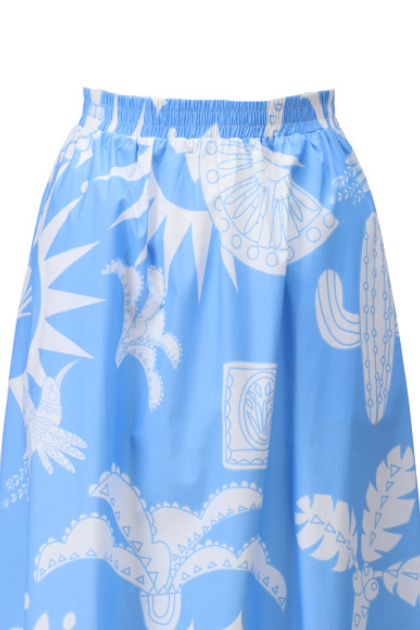 Blue skirt with white abstract patterns on a white background
