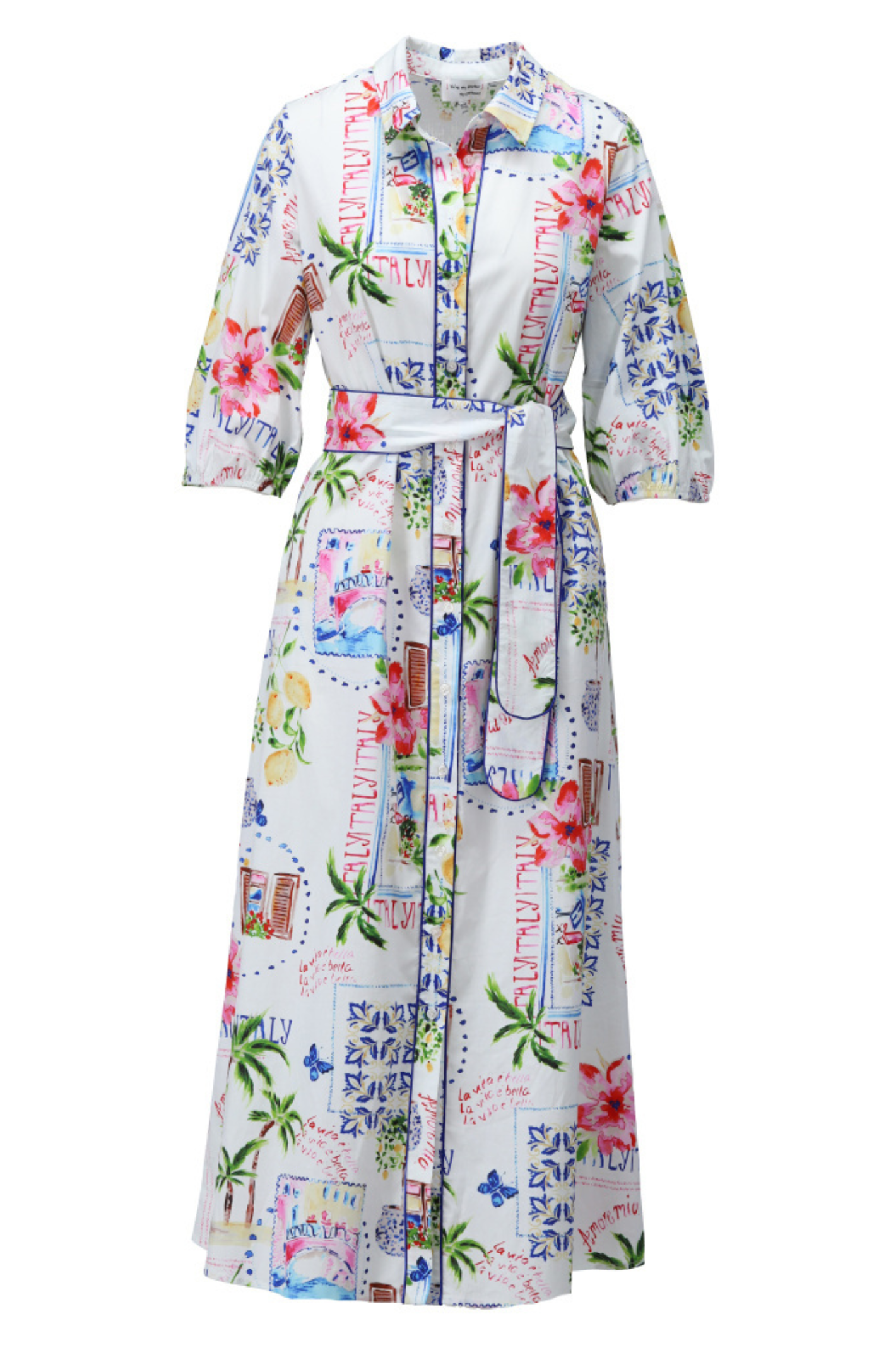 Colorful floral and graphic patterned dress on a white background