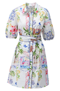 White floral midi dress with button-up front, puffed sleeves, and belted waist featuring colorful prints and palm motifs