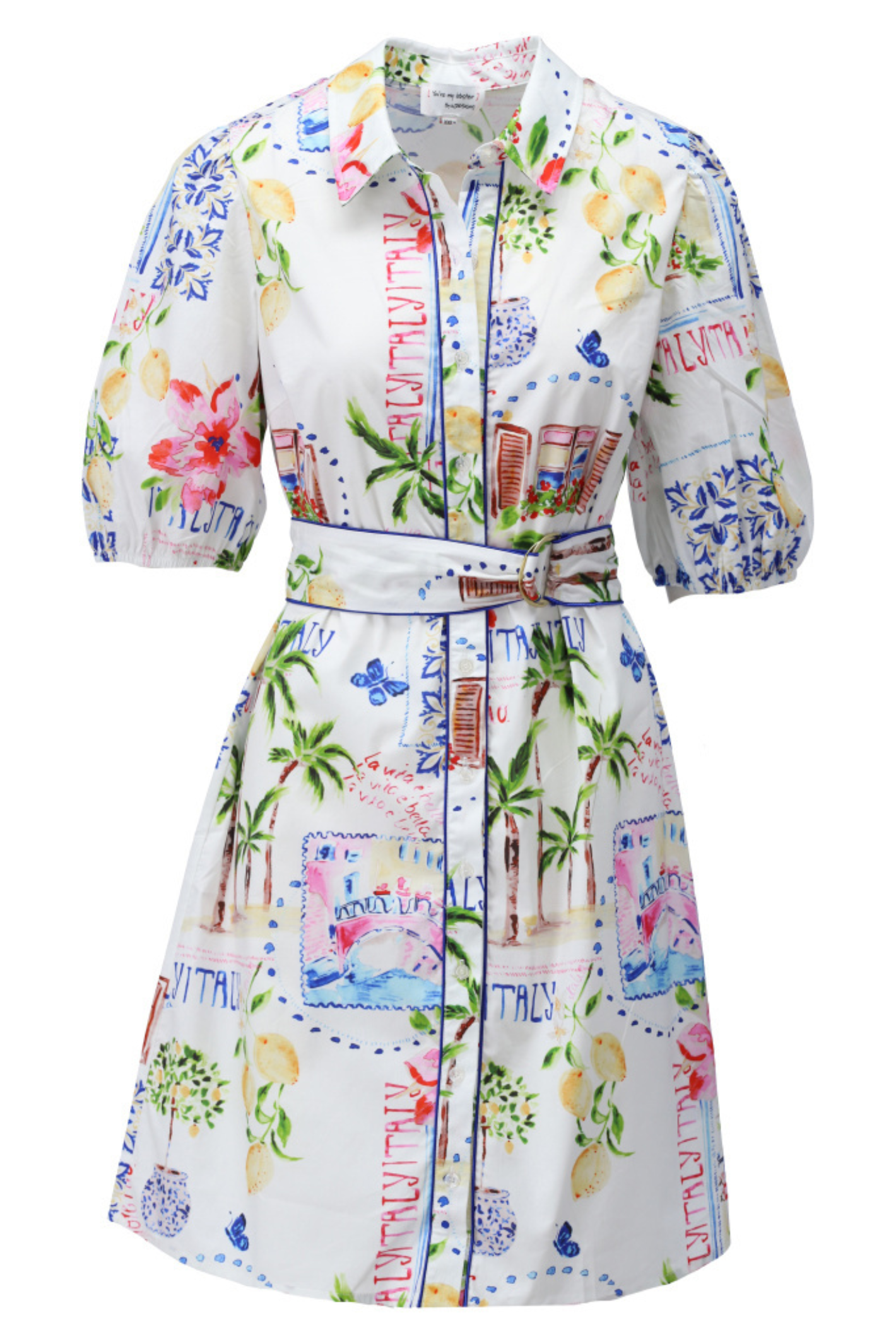 White floral midi dress with button-up front, puffed sleeves, and belted waist featuring colorful prints and palm motifs