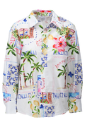 Colorful tropical-themed shirt with palm trees and flowers on a white background
