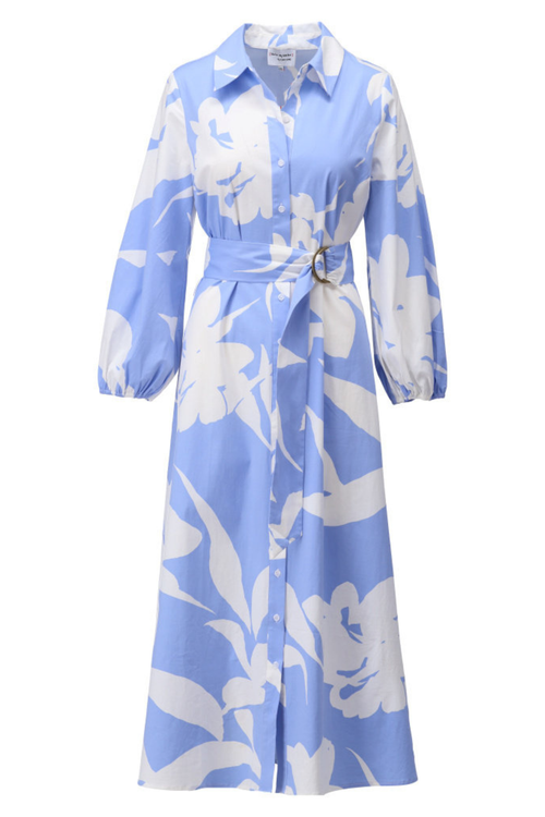 Blue dress with white floral pattern on a white background