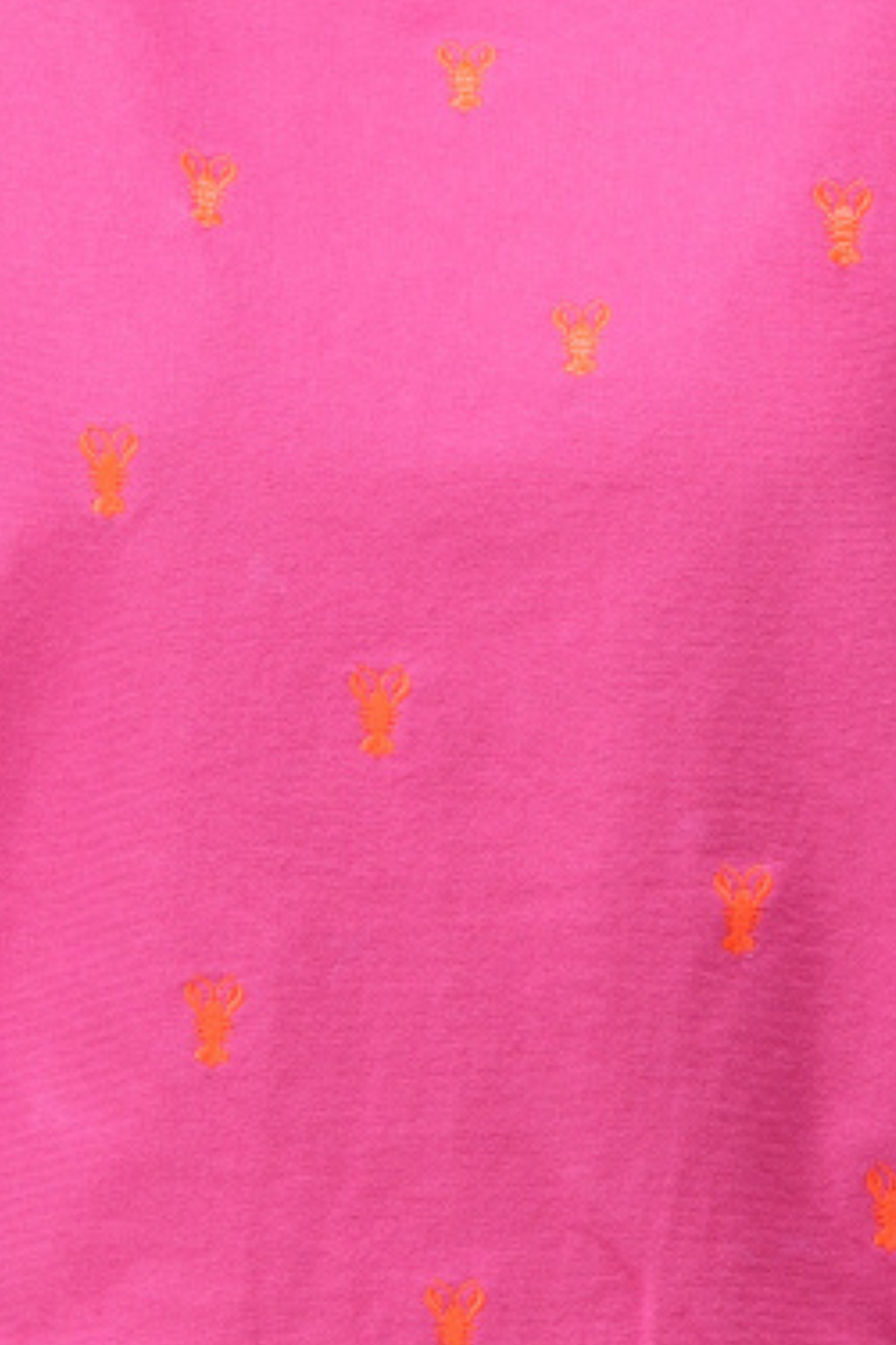 Bright carmine rose knit fabric with small orange lobster motifs scattered across the surface