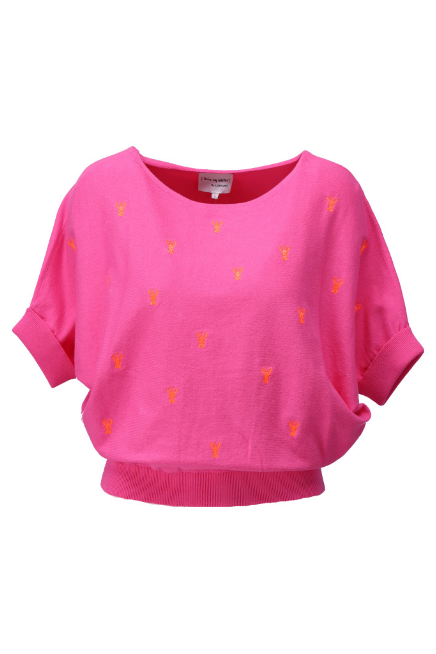 Bright carmine rose knit top with small orange lobster motifs, wide neckline, dolman sleeves, and ribbed waistband