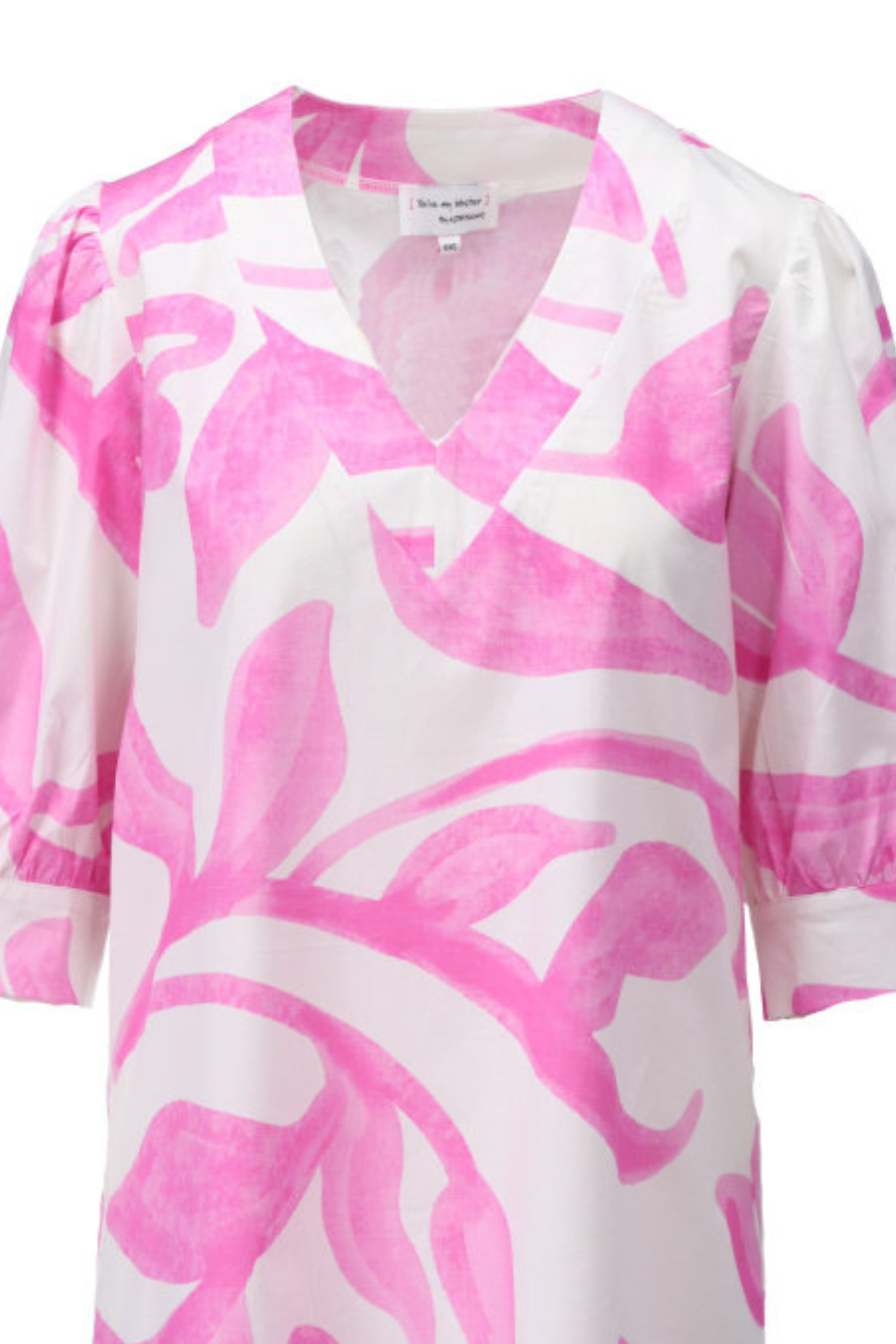 Soft pink and white abstract print midi dress with V-neck and puffed elbow-length sleeves