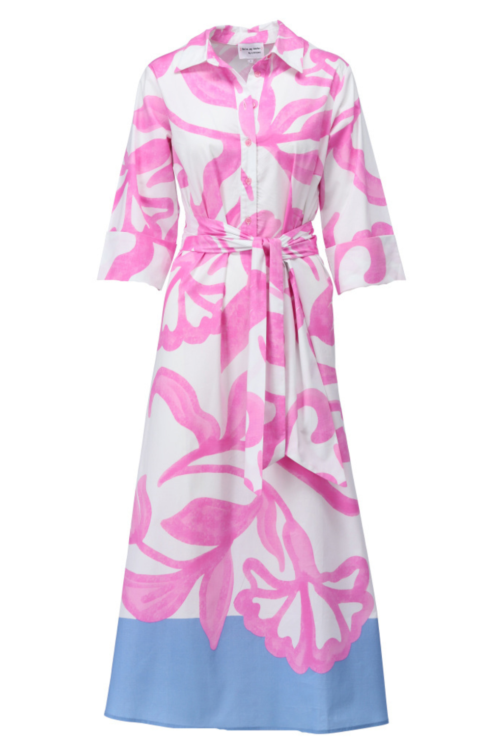 Pink and white abstract print maxi dress with three-quarter sleeves, button-front, collar, and blue hem detail with waist tie belt