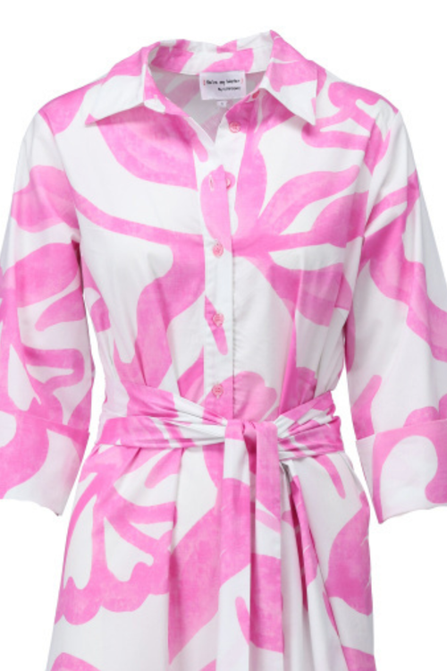 Pink and white abstract print maxi dress with collar, button-down front, three-quarter sleeves, and matching waist tie belt