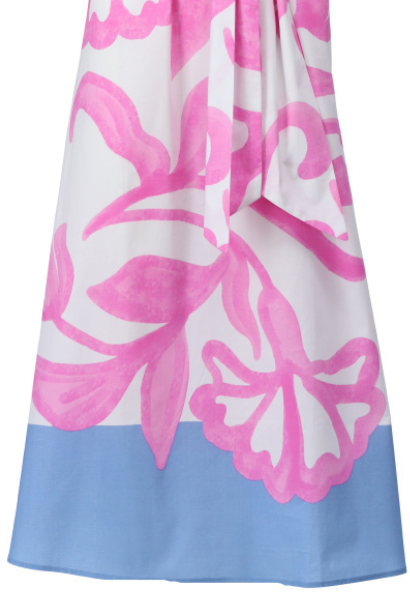Close-up of flowing maxi dress hem with pink abstract floral print and solid blue border detail