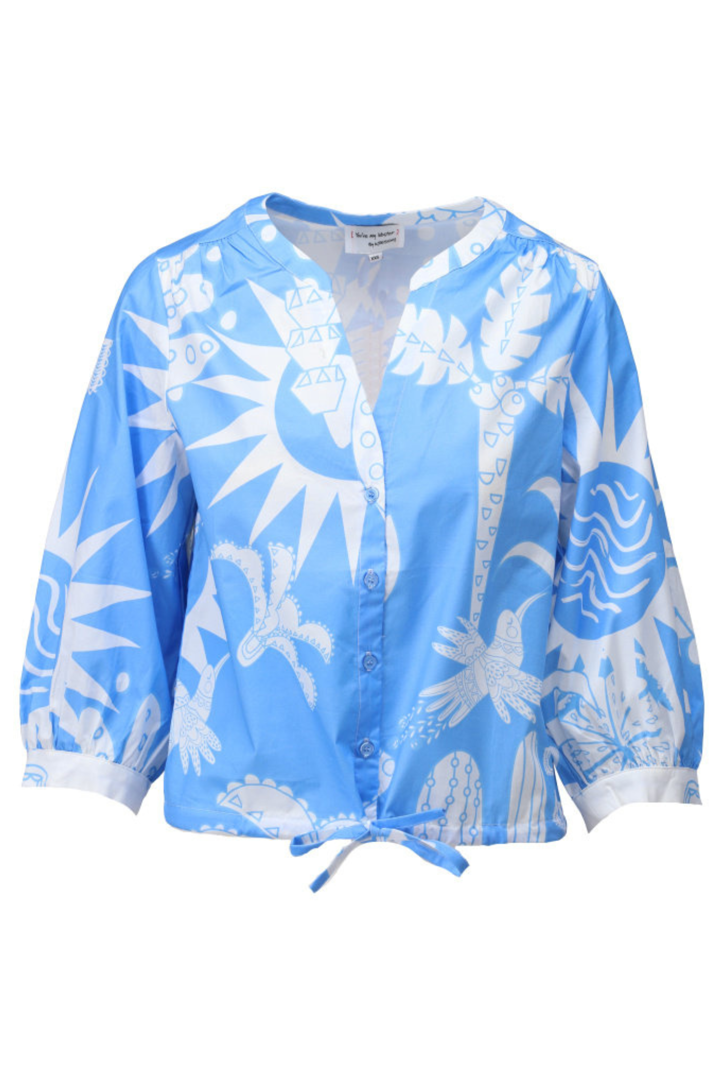 Blue blouse with white abstract sun and wave patterns, button-front, 3/4 sleeves, and tie at hem