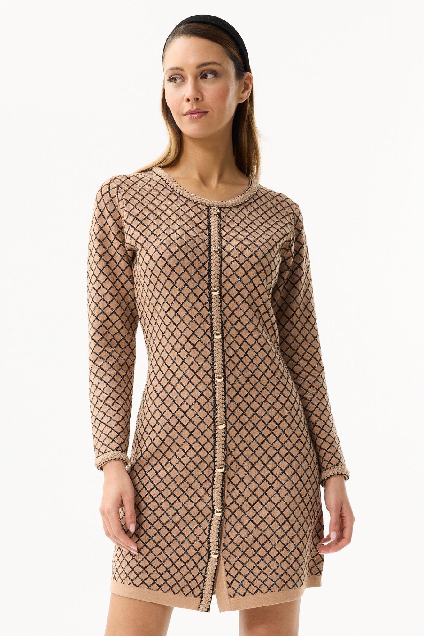 Leo and Ugo AWR194 Beige Diamond Pattern Knit Dress - Dotique - Leo & Ugo
