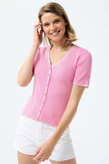 Leo & Ugo AE015 Pink Ribbed Short Sleeve Top - Dotique