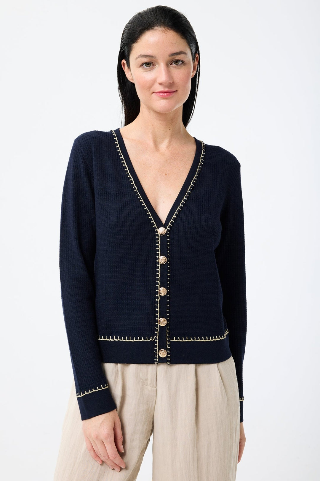 Leo & Ugo AE016 Navy / Gold V Neck Cardigan - Dotique
