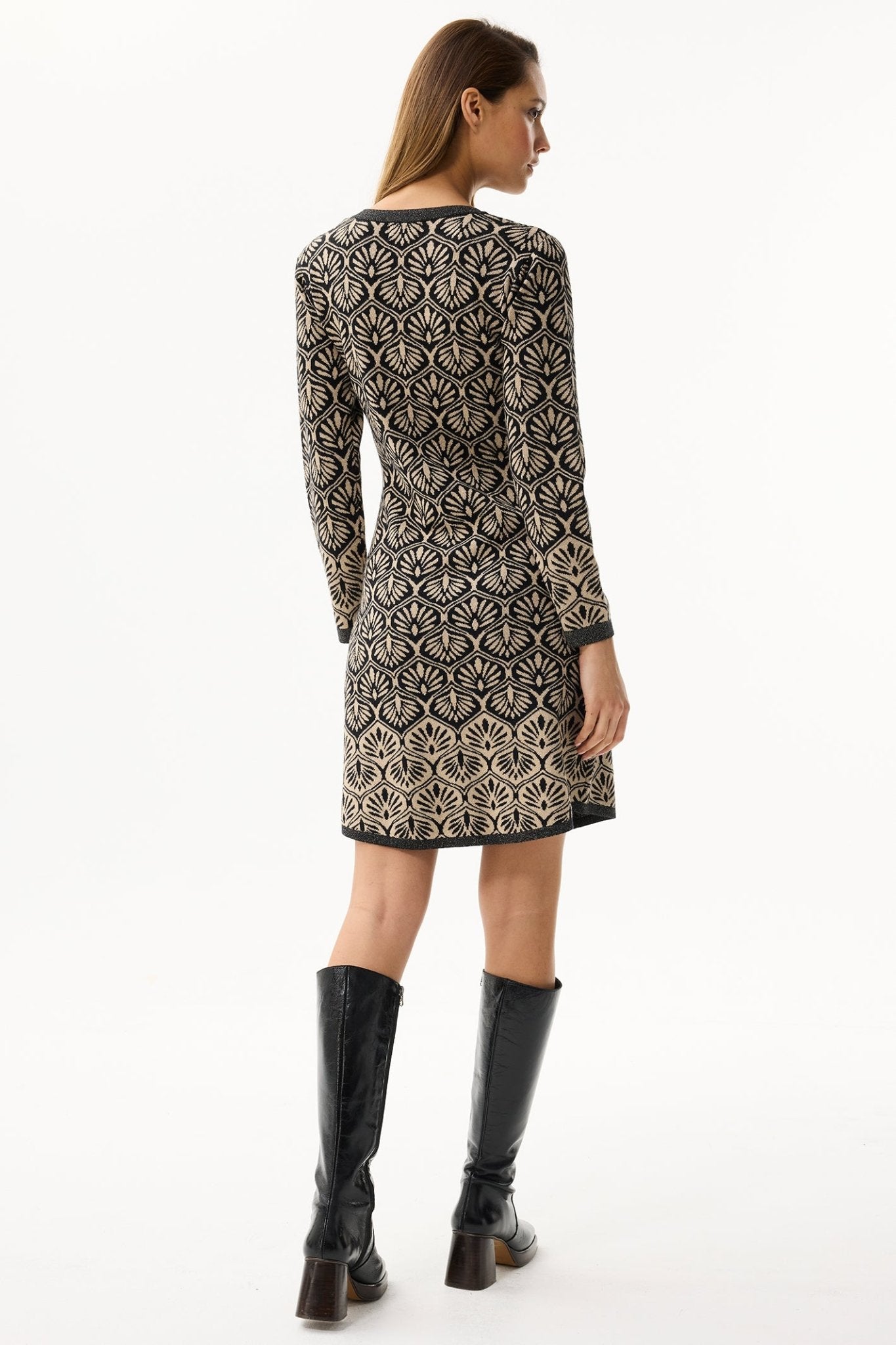 Leo & Ugo AWR401 Black Gold Fan Pattern Knitted Dress - Dotique - Leo & Ugo