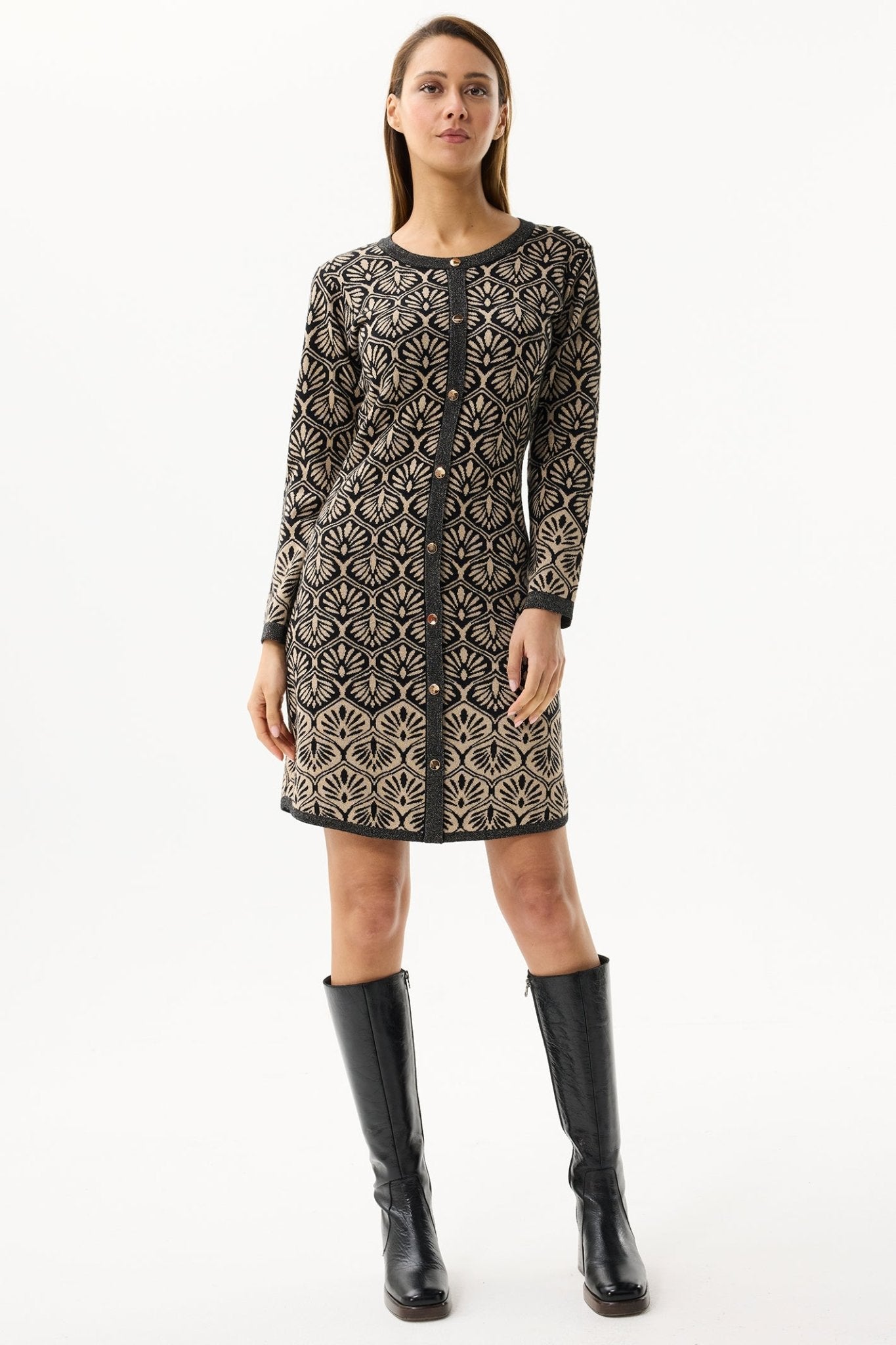 Leo & Ugo AWR401 Black Gold Fan Pattern Knitted Dress - Dotique - Leo & Ugo