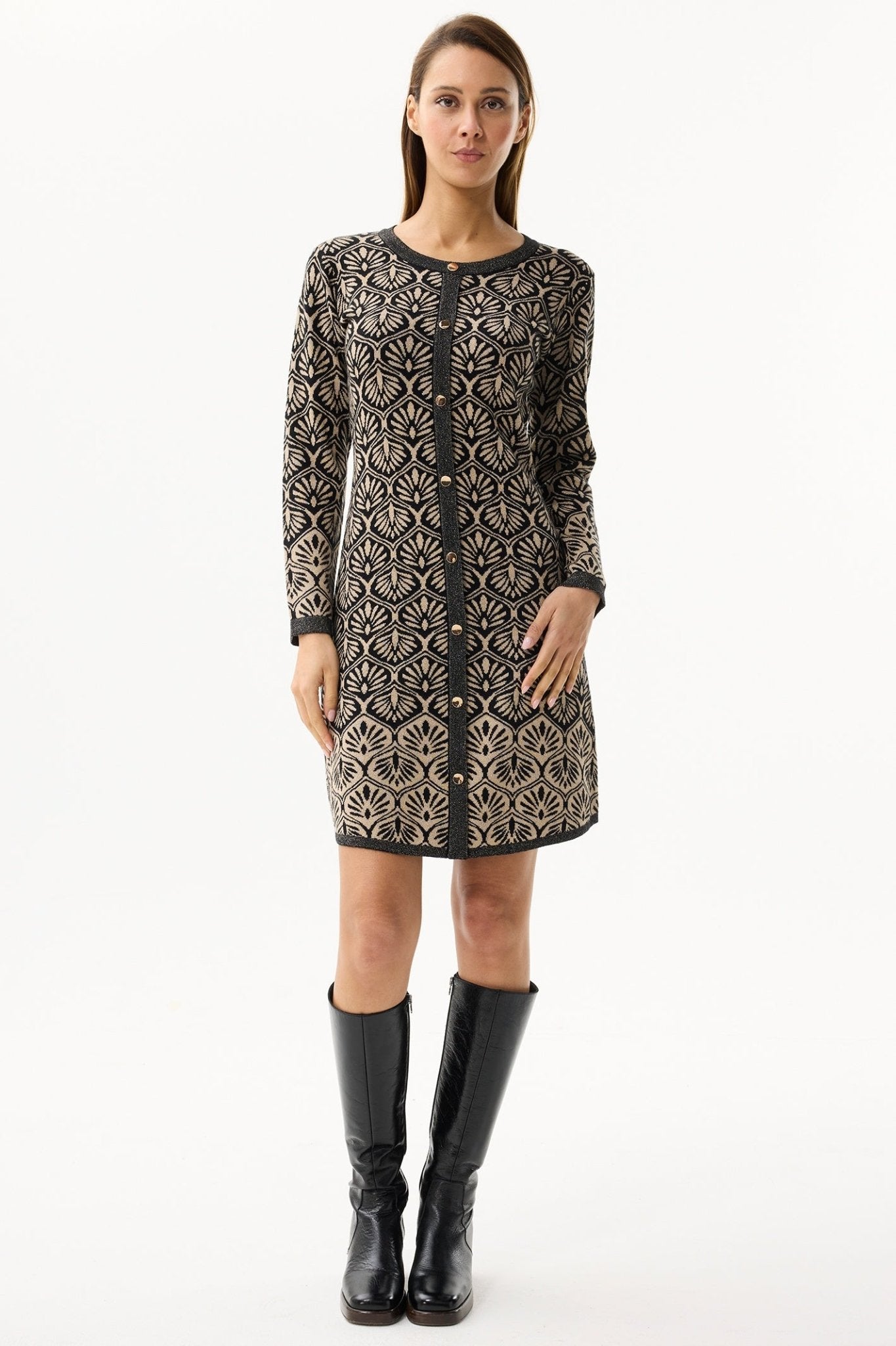Leo & Ugo AWR401 Black Gold Fan Pattern Knitted Dress - Dotique - Leo & Ugo