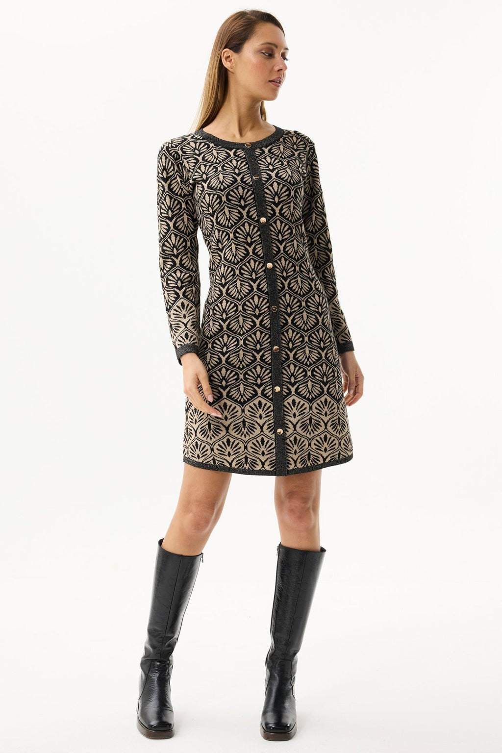 Leo & Ugo AWR401 Black Gold Fan Pattern Knitted Dress - Dotique - Leo & Ugo