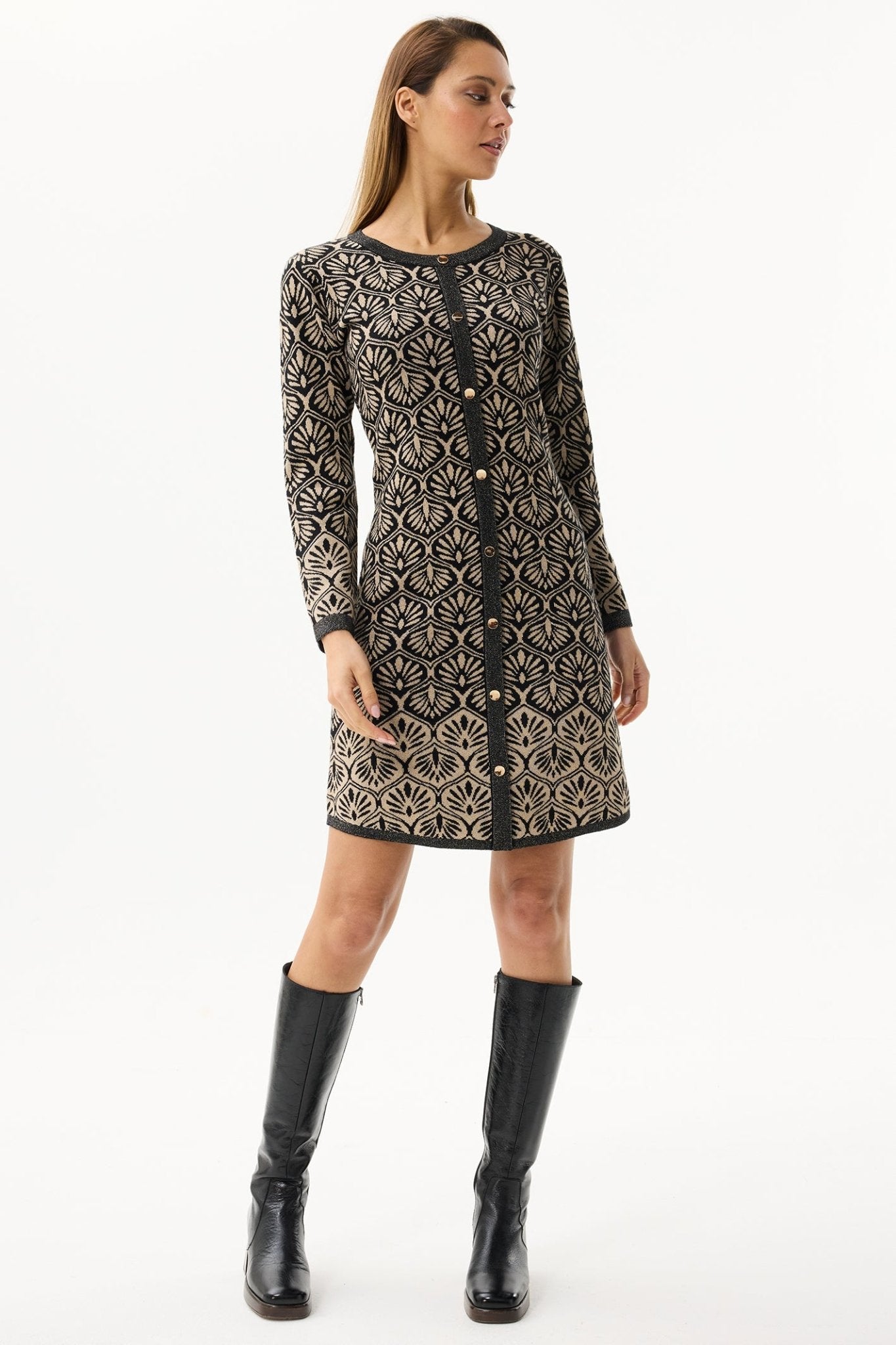 Leo & Ugo AWR401 Black Gold Fan Pattern Knitted Dress - Dotique - Leo & Ugo