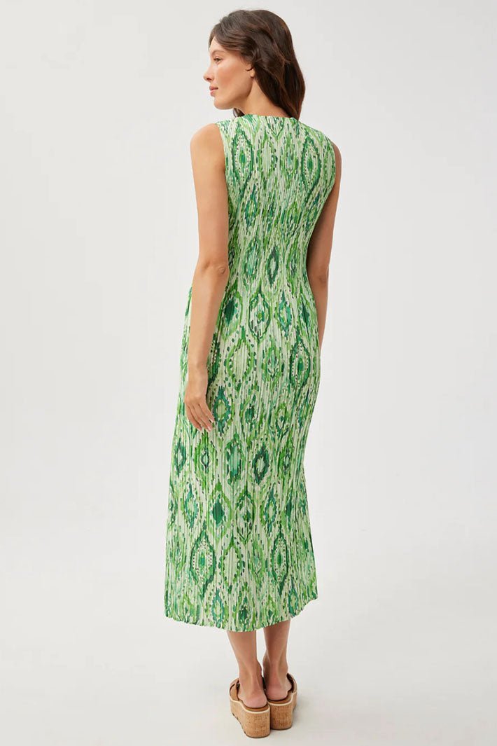 Leo & Ugo Camille OER866 Green Ikat Print Pleat Dress - Dotique